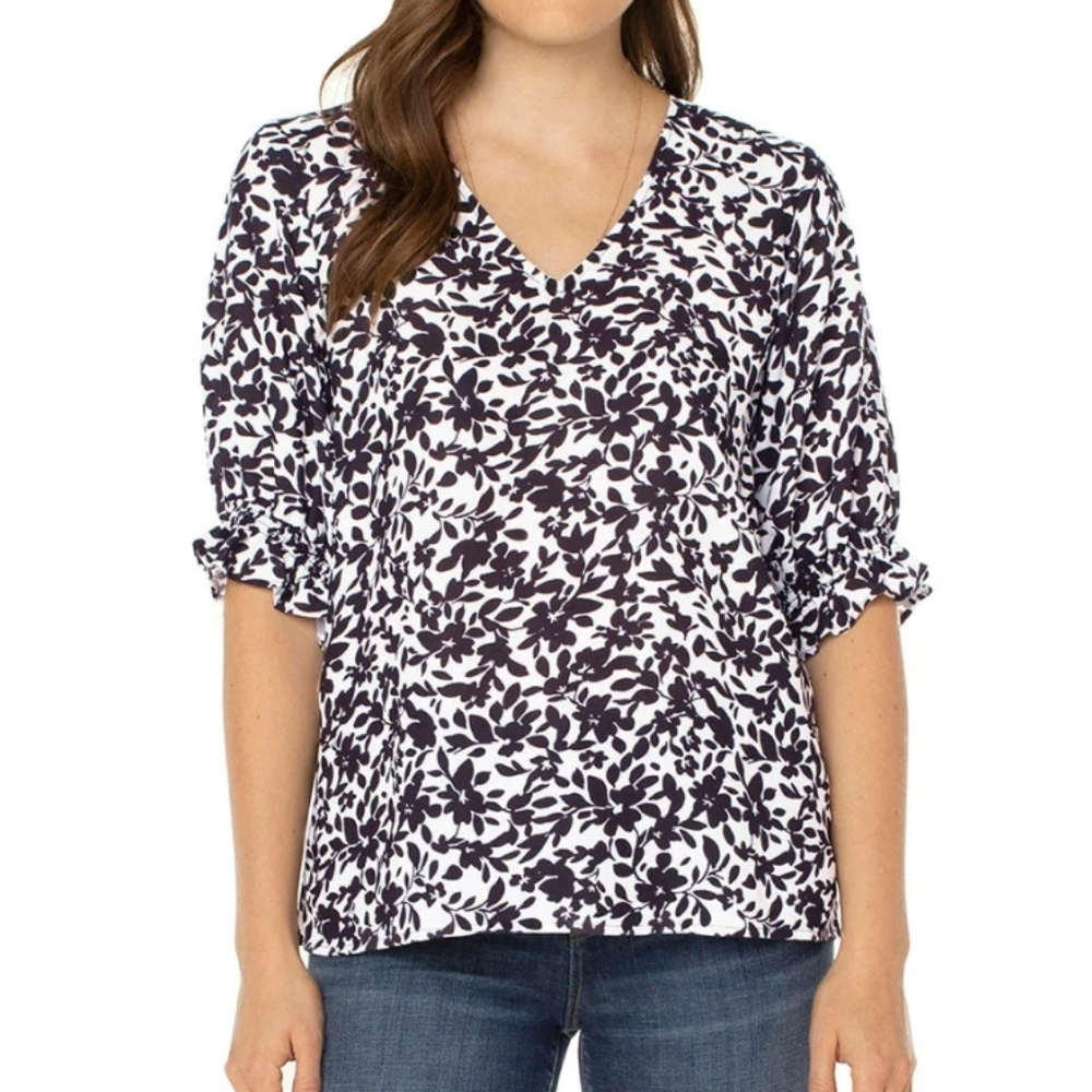 Women's Well Worn V-Neck Quarter Sleeve Blouse Black/White Size S NWT